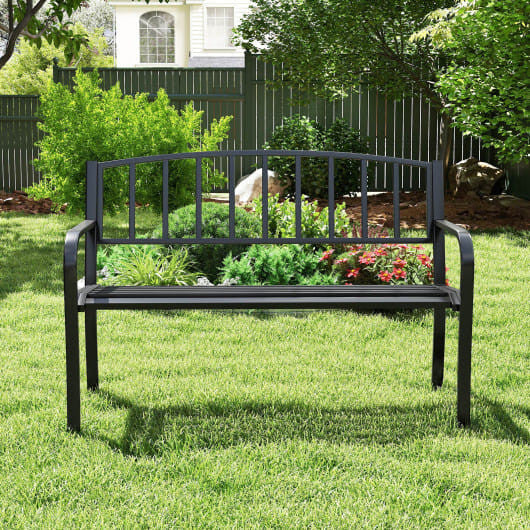 Black 50 inch outdoor garden bench with slatted backrest and curved armrests in spray painted metal — view 2