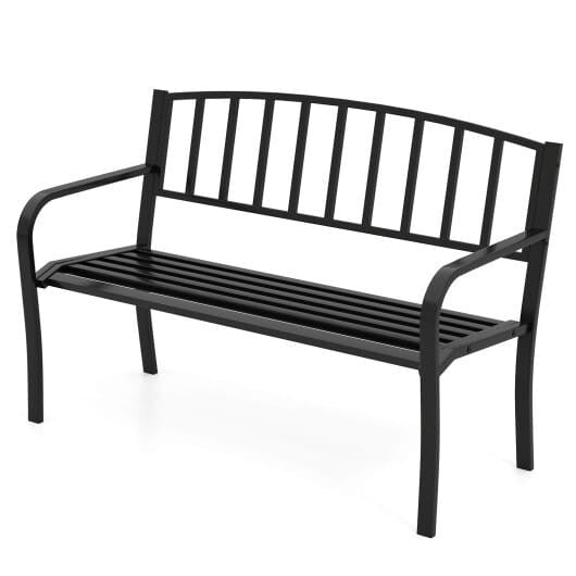 Black 50 inch outdoor garden bench with slatted backrest and curved armrests in spray painted metal — view 3