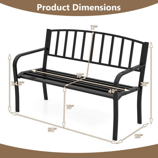 Black 50 inch outdoor garden bench with slatted backrest and curved armrests in spray painted metal — view 4