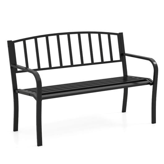 Black 50 inch outdoor garden bench with slatted backrest and curved armrests in spray painted metal — view 5