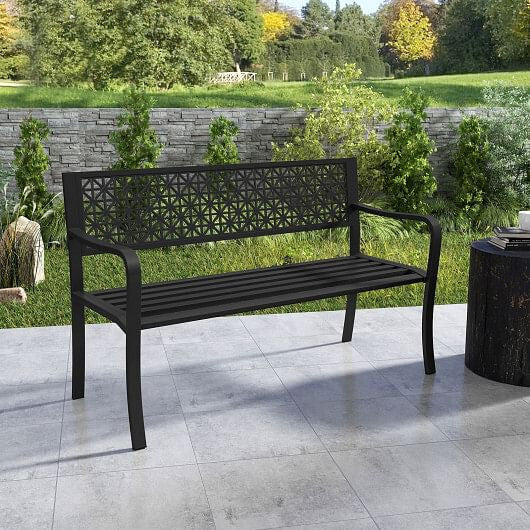 Black 50 inch metal garden bench with curved armrests and patterned backrest for outdoor patios