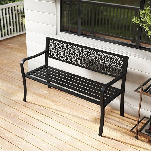 Black 50 inch metal garden bench with curved armrests and patterned backrest for outdoor patios — view 2