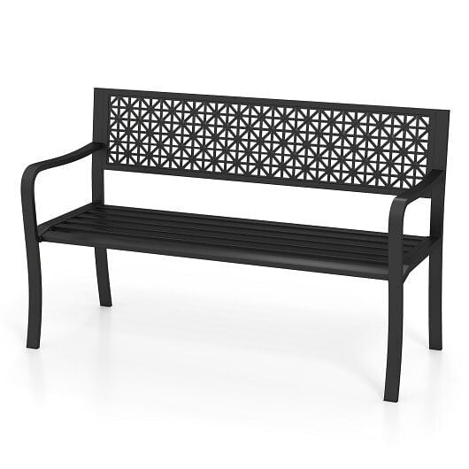 Black 50 inch metal garden bench with curved armrests and patterned backrest for outdoor patios — view 3