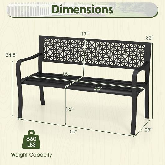 Black 50 inch metal garden bench with curved armrests and patterned backrest for outdoor patios — view 4