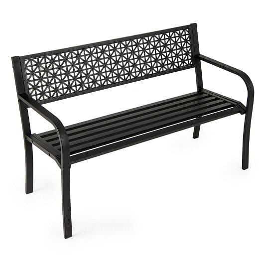 Black 50 inch metal garden bench with curved armrests and patterned backrest for outdoor patios — view 5