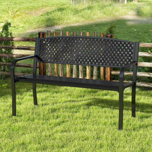 Black metal outdoor patio bench with high backrest and curved armrests in garden setting — view 2