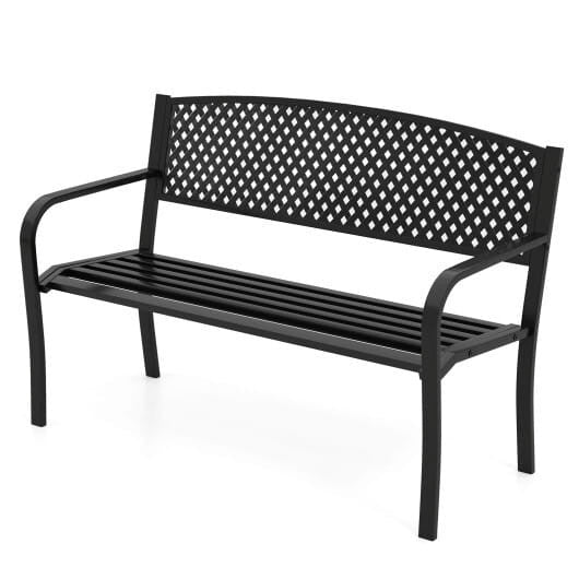 Black metal outdoor patio bench with high backrest and curved armrests in garden setting — view 3