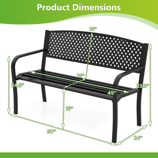 Black metal outdoor patio bench with high backrest and curved armrests in garden setting — view 4