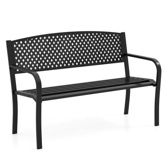 Black metal outdoor patio bench with high backrest and curved armrests in garden setting — view 5