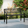 Sleek black metal garden bench with curved armrests and contoured backrest for outdoor patios