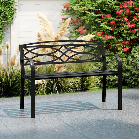Sleek black metal garden bench with curved armrests and contoured backrest for outdoor patios