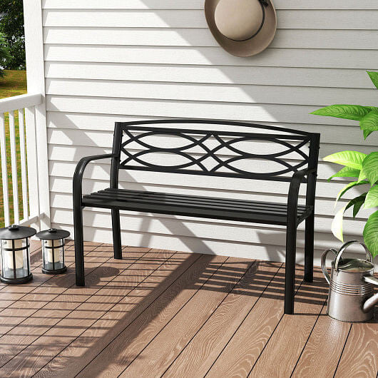Sleek black metal garden bench with curved armrests and contoured backrest for outdoor patios — view 2