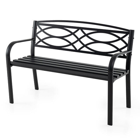 Sleek black metal garden bench with curved armrests and contoured backrest for outdoor patios — view 3