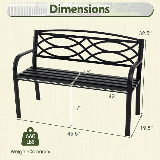 Sleek black metal garden bench with curved armrests and contoured backrest for outdoor patios — view 4