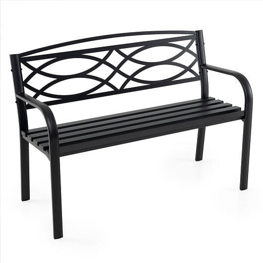 Sleek black metal garden bench with curved armrests and contoured backrest for outdoor patios — view 5