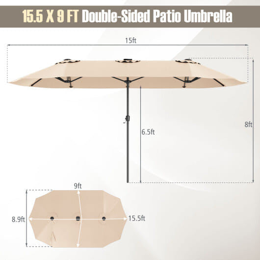 Extra large 15.5ft beige double sided patio umbrella with solar LED canopy lights — view 3