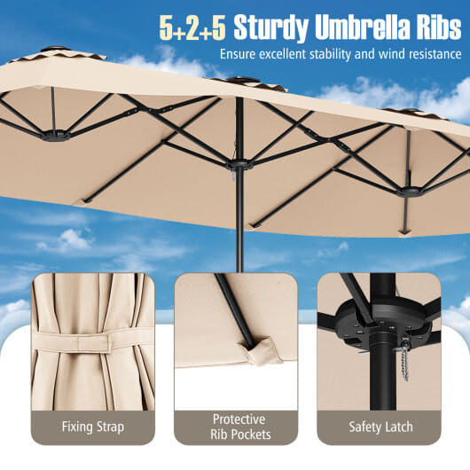 Extra large 15.5ft beige double sided patio umbrella with solar LED canopy lights — view 4
