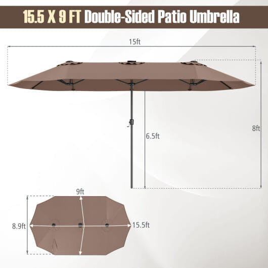 Extra large 15.5ft beige double sided patio umbrella with solar LED canopy lights — view 7