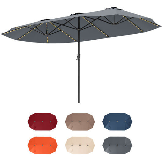 Extra large 15.5ft beige double sided patio umbrella with solar LED canopy lights — view 9
