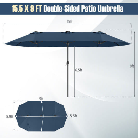 Extra large 15.5ft beige double sided patio umbrella with solar LED canopy lights — view 14