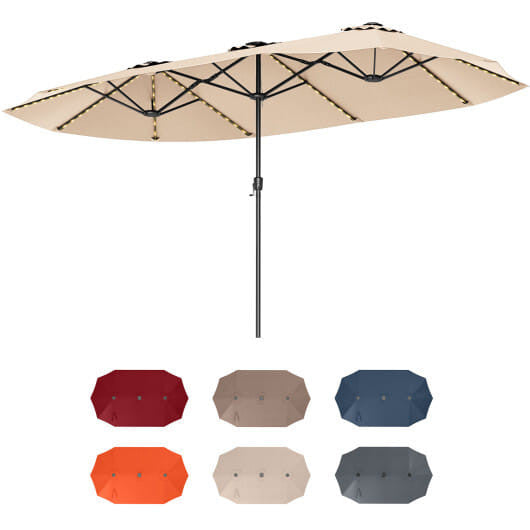 Extra large 15.5ft beige double sided patio umbrella with solar LED canopy lights — view 24