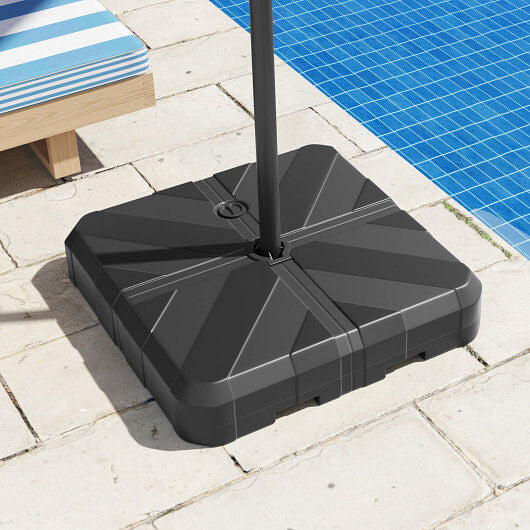 Weighted offset umbrella base in black with cut-out handles and steel cross bracket