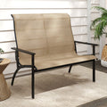 Coffee colored two person outdoor patio bench with high backrest and sturdy metal frame