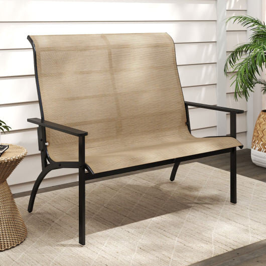 Coffee colored two person outdoor patio bench with high backrest and sturdy metal frame