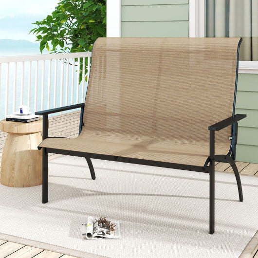 Coffee colored two person outdoor patio bench with high backrest and sturdy metal frame — view 2