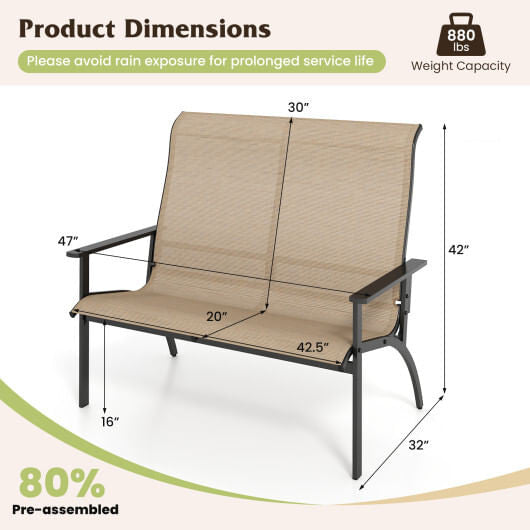 Coffee colored two person outdoor patio bench with high backrest and sturdy metal frame — view 3
