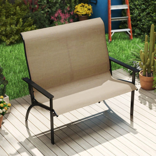 Coffee colored two person outdoor patio bench with high backrest and sturdy metal frame — view 4
