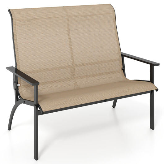 Coffee colored two person outdoor patio bench with high backrest and sturdy metal frame — view 5