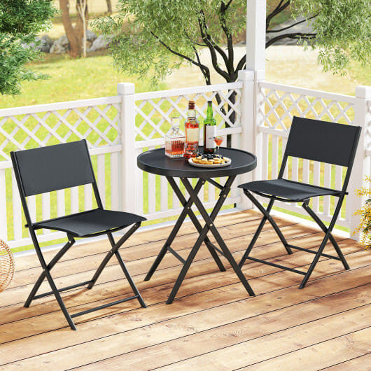 3-piece folding patio bistro set with two fabric chairs and a tempered glass coffee table — view 2