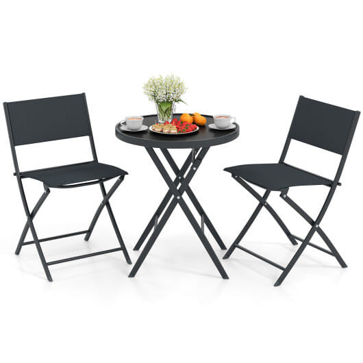 3-piece folding patio bistro set with two fabric chairs and a tempered glass coffee table — view 3