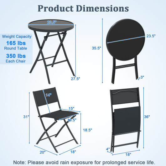 3-piece folding patio bistro set with two fabric chairs and a tempered glass coffee table — view 4