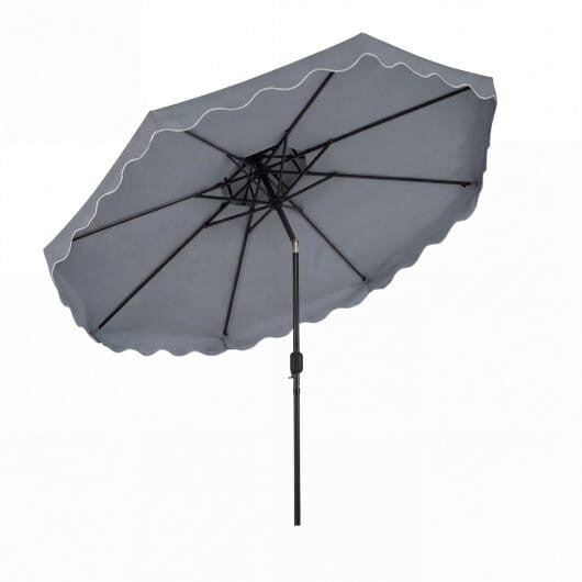 Large 10-foot coffee brown patio umbrella with ruffled scallops, vented top, and crank handle.