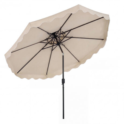 Large 10-foot coffee brown patio umbrella with ruffled scallops, vented top, and crank handle. — view 4