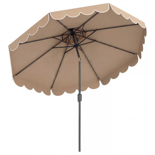 Large 10-foot coffee brown patio umbrella with ruffled scallops, vented top, and crank handle. — view 5