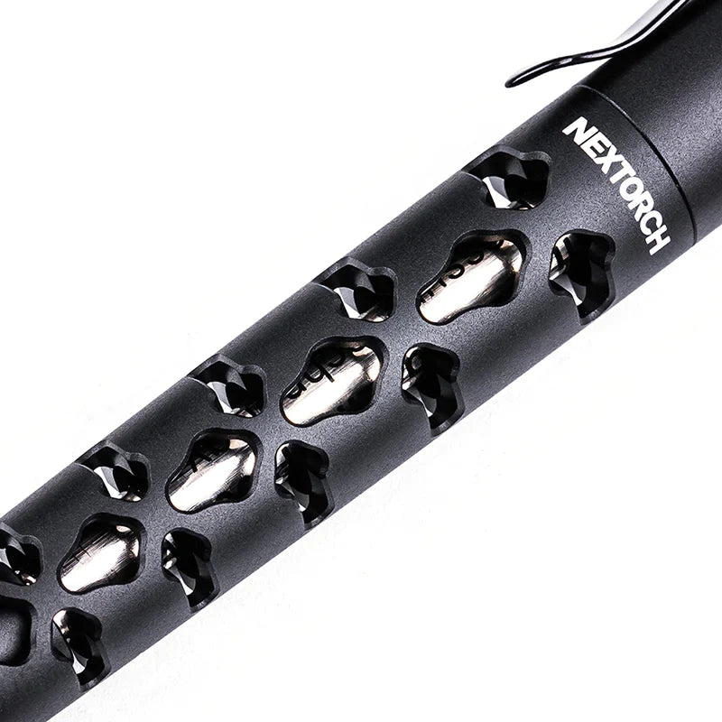 Black Nextorch NP20 tactical pen with skeletonized aluminum body and tungsten glass breaking tip — view 2