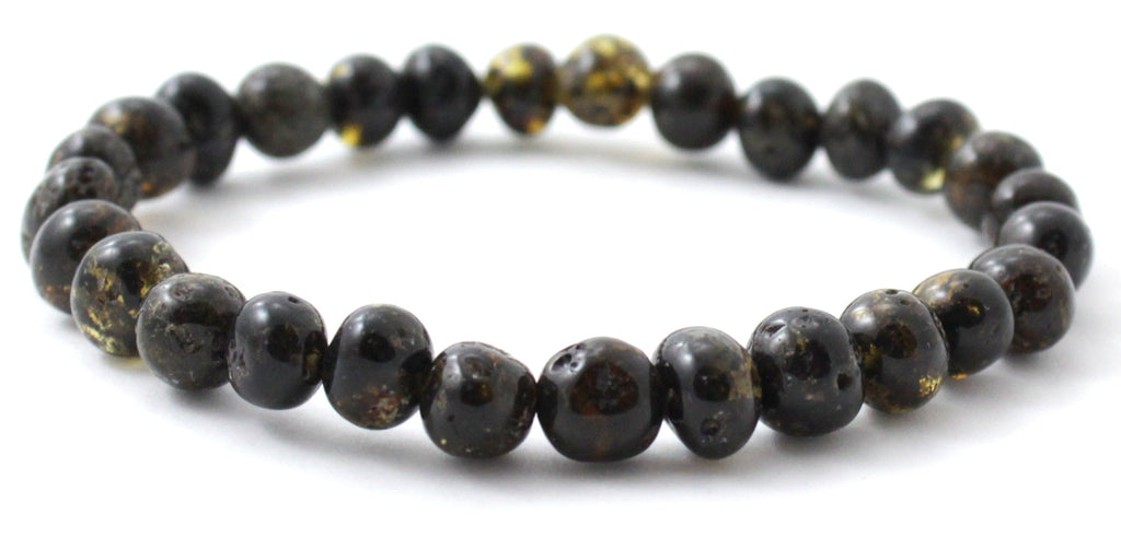Green polished Baltic amber beaded stretch bracelet for men with oval shaped stones — view 4