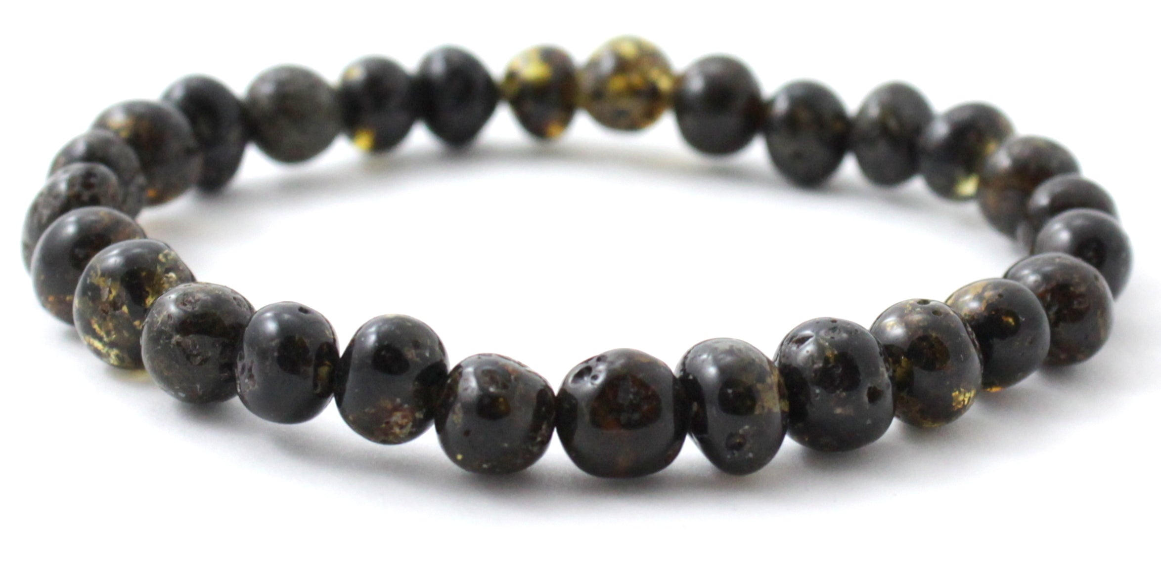 Green polished Baltic amber beaded stretch bracelet for men with oval shaped stones — view 4