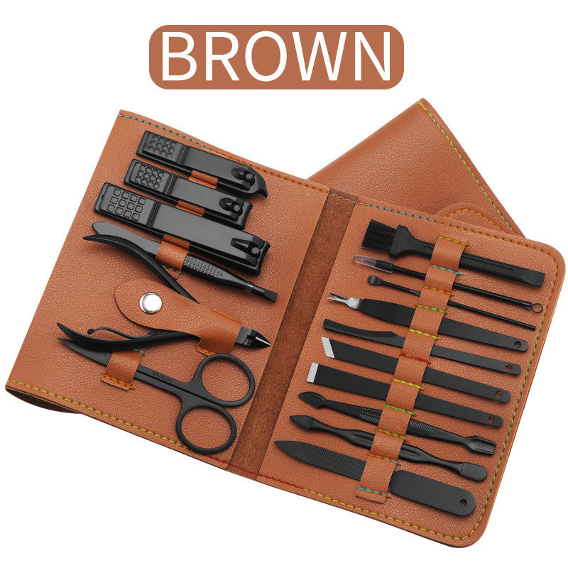 Stainless steel 16-piece manicure and pedicure grooming tool set in PU leather travel storage case