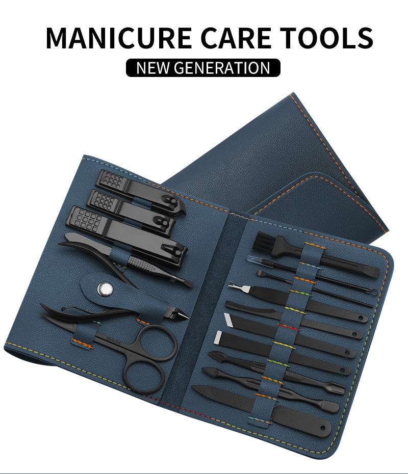Stainless steel 16-piece manicure and pedicure grooming tool set in PU leather travel storage case — view 2