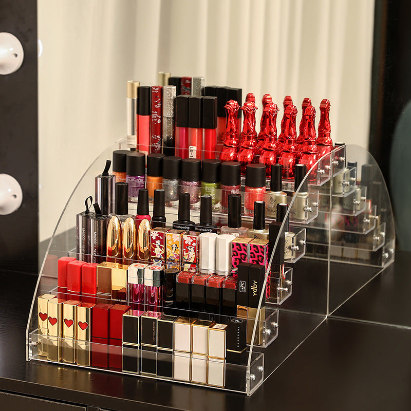 Clear acrylic nail polish organizer stand holding cosmetic bottles on a vanity table — view 4