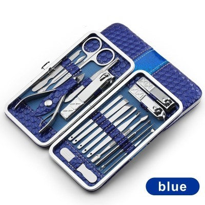 Stainless steel manicure tool kit featuring precision nail clippers, scissors, and cuticle grooming instruments