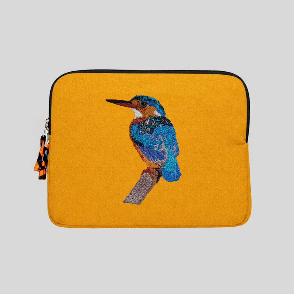 Malachite Kingfisher embroidered 13 to 14 inch laptop sleeve in warm earthy cotton canvas. — view 4