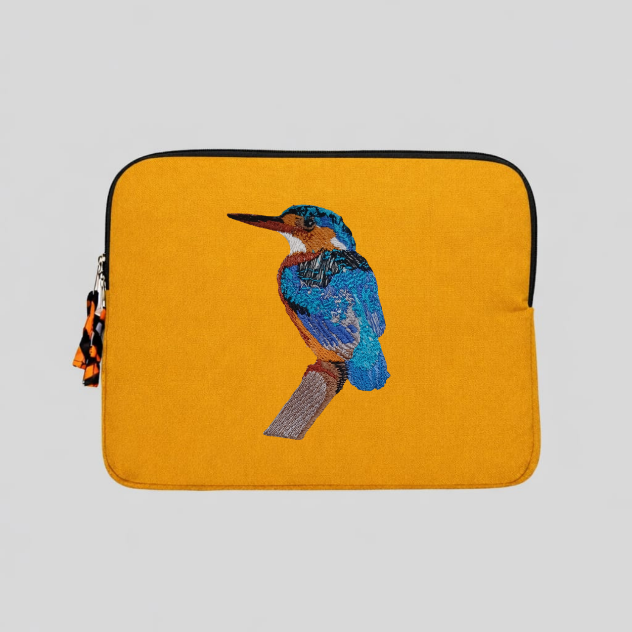 Malachite Kingfisher embroidered 13 to 14 inch laptop sleeve in warm earthy cotton canvas. — view 4