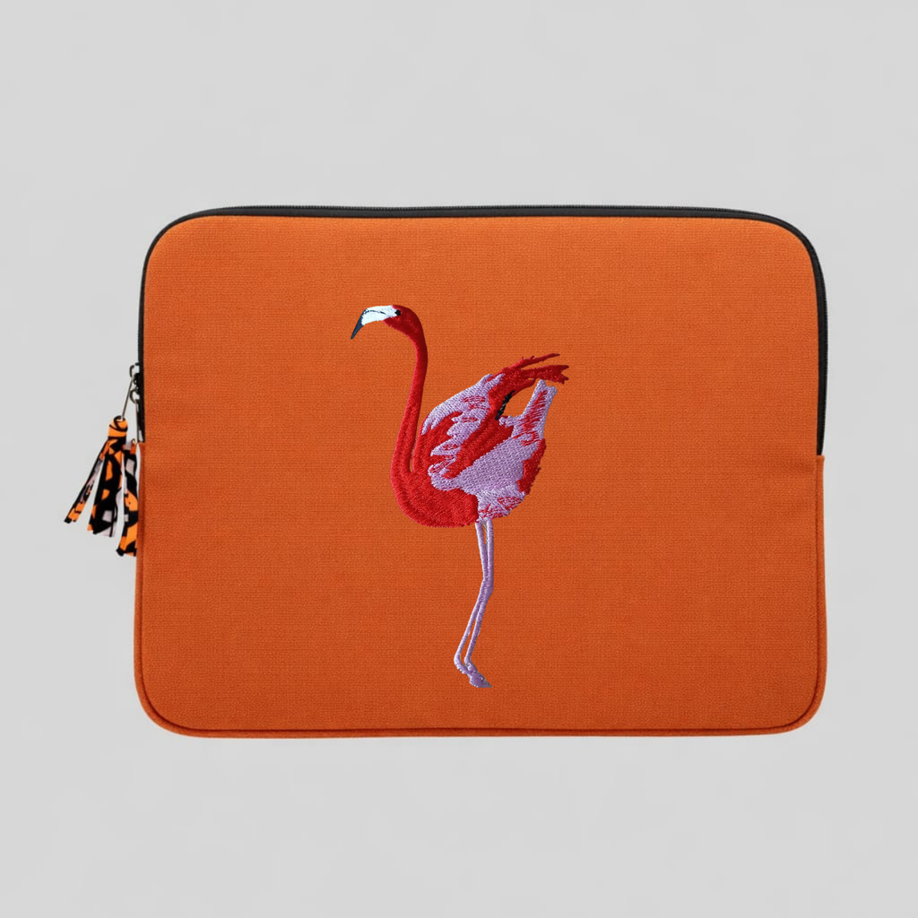 Flamingo laptop sleeve in warm earthy cotton canvas featuring detailed wildlife embroidery for 13-inch laptops — view 5