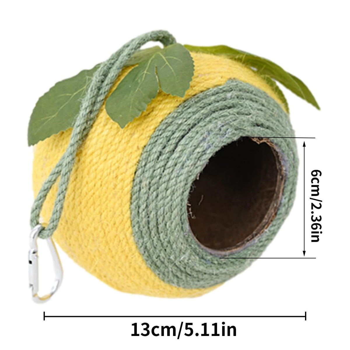 Natural coconut shell bird nest wrapped in colourful braided hemp rope with artificial leaf decor — view 3