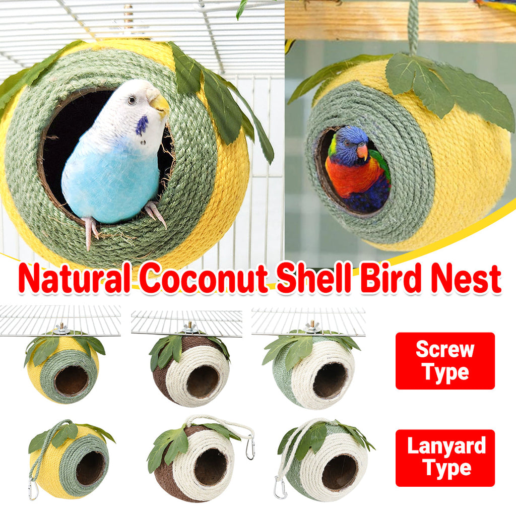 Natural coconut shell bird nest wrapped in colourful braided hemp rope with artificial leaf decor
